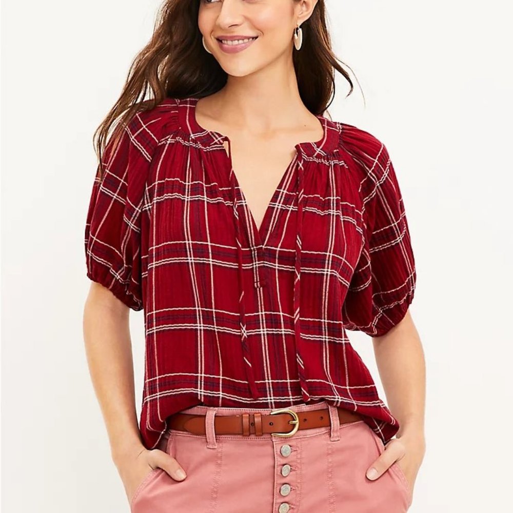 LOFT Plaid Tie Neck Puff Sleeve Top